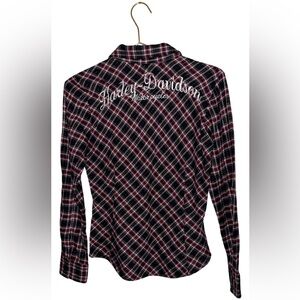 Harley-Davidson Women’s Red & Black Plaid Shirt Snap Buttons Size XS P2P 18”